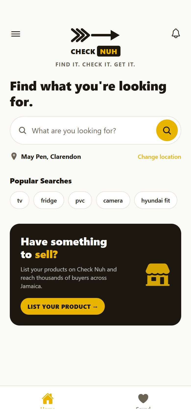 The CheckNuh app home screen: a search bar, your town, and popular searches like tv, fridge and camera